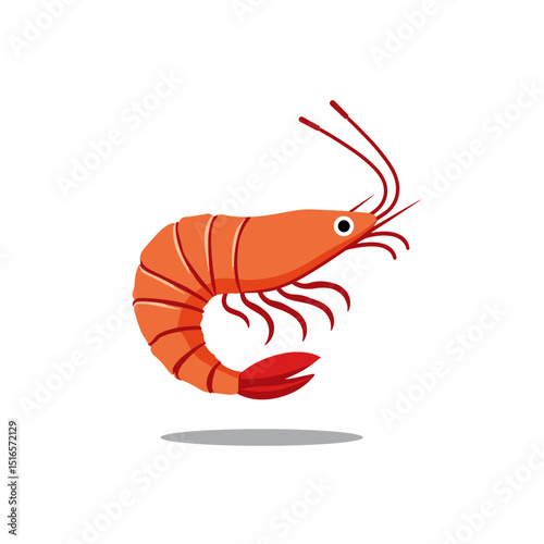 Illustration of a Vibrant Orange Shrimp with Curled Tail and Long Antennae on a White Background