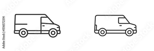 Delivery vans in simple line art style showcasing different angles and designs for transport illustration
