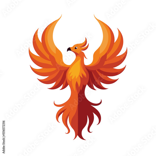 Fiery Phoenix Bird Rising with Open Wings, a Symbol of Rebirth and Transformation, Vector Illustration
