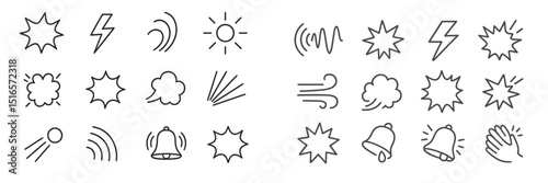 Different symbols representing various weather conditions and sound effects in a simple black and white design