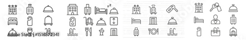 Collection of hotel and hospitality icons depicting various services and amenities for guests and staff