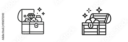 Treasure chests filled with gems and coins are illustrated with shining effects in a minimalist design style