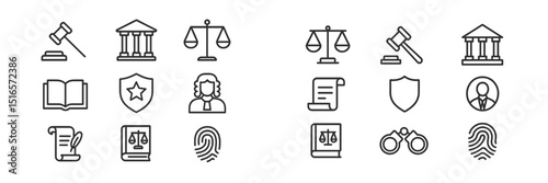 Icons representing legal themes including justice, court, and law enforcement in various styles and formats