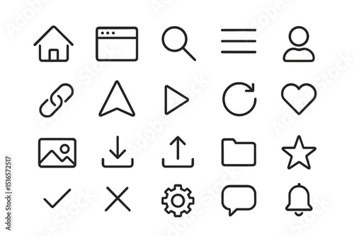 Collection of simple line icons representing various digital functions and actions for user interface design