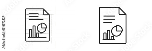 Two simple line drawings of documents featuring charts and graphs, showcasing the concept of data analysis and reporting in a minimalist style