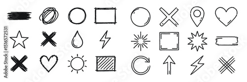 Creative collection of hand-drawn doodle symbols and icons useful for design projects and artistic expressions
