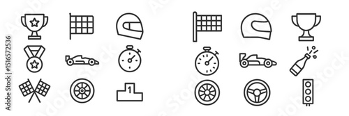 Racing icons featuring trophies, helmets, cars, and flags in a minimalist style for motorsport enthusiasts or event promotions