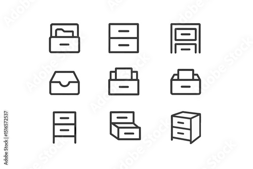 Collection of line art drawer icons representing various types of storage furniture in a minimalist style