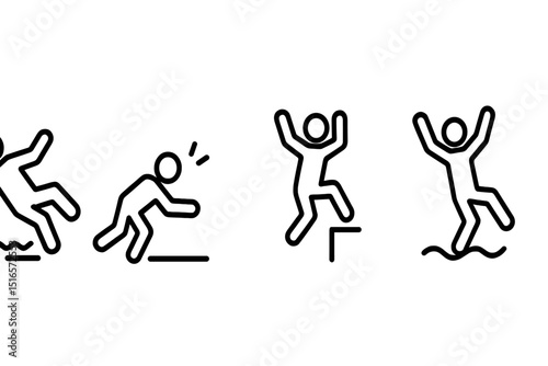 Fun sequence of stick figures illustrating jumping and falling activities at a summertime location near water