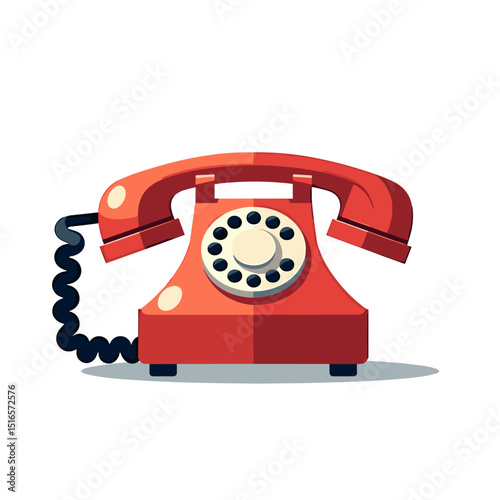 Vintage Red Rotary Phone Illustration with Cord and Buttons, Classic Communication Technology