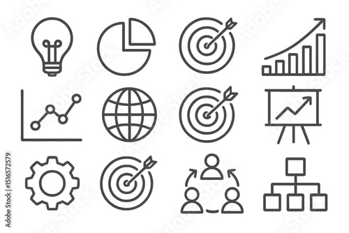 Collection of business and analytics icons representing planning, growth, and teamwork concepts in a modern design