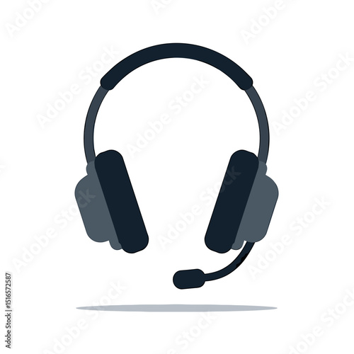Flat Vector Illustration of a Black Headset with Microphone for Communication and Support, Isolated on White Background