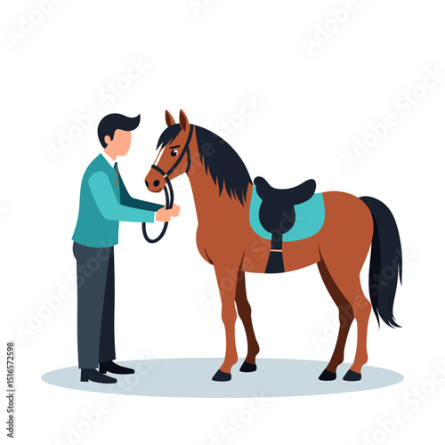 Illustration of a man preparing a brown horse with a saddle, ready for riding, on a white background