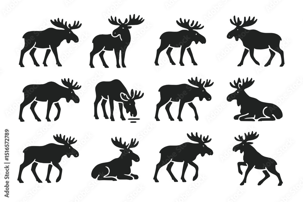 Fototapeta premium Various silhouettes of moose displaying different postures and movements in a natural setting