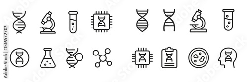 Various icons representing genetics and biotechnology tools in a modern design style suitable for educational materials