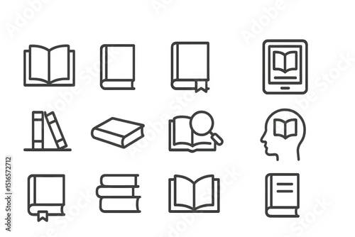 Different types of books and reading materials represented in simple line graphics suitable for educational purposes