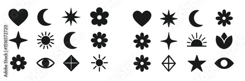Collection of simple black shapes representing nature and celestial elements in a minimalist design