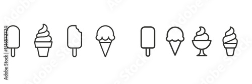 Different types of ice cream cones and popsicles displayed on a white background