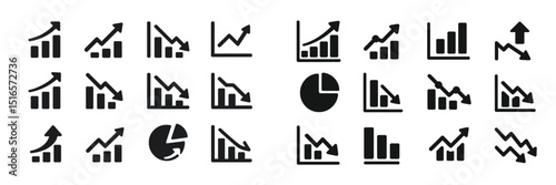 Trendy vector icons representing various types of graphs and charts showcasing data patterns and statistics