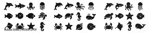 Underwater creatures depicted in black silhouette on a white background showcasing a variety of marine life and their forms