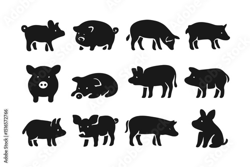 Collection of black silhouettes depicting various farm animals including pigs, cows, and goats arranged artistically on a white background