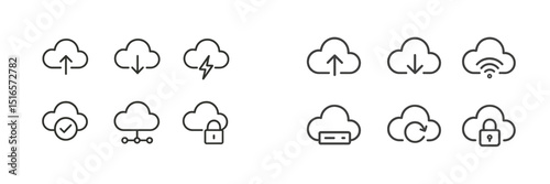 Collection of various cloud symbols illustrating different features and activities related to cloud computing and storage