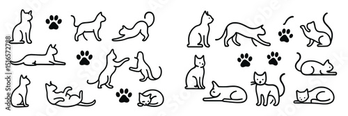 Variety of playful and relaxed cats depicted in a whimsical black and white illustration showcasing their different poses and expressions