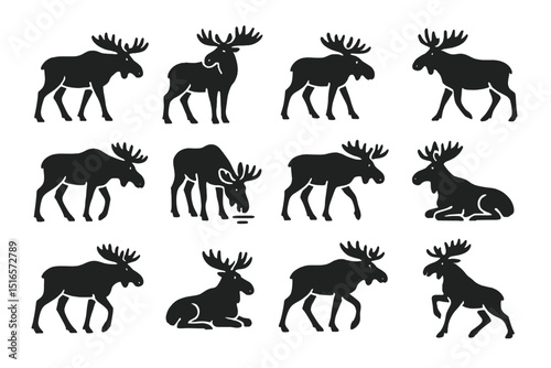 Various silhouettes of moose displaying different postures and movements in a natural setting