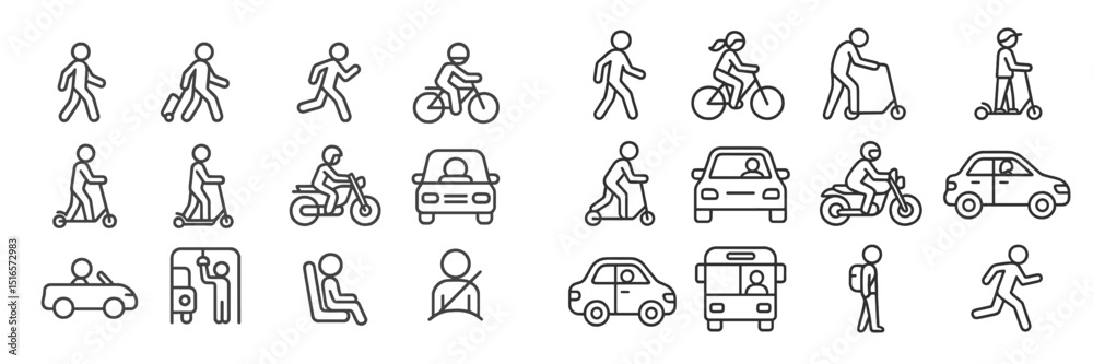 Various transportation icons illustrating different modes of travel and movement in a modern city environment