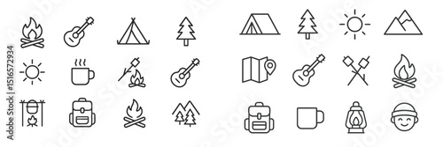 Collection of camping icons featuring campfires, tents, mountains, and musical instruments