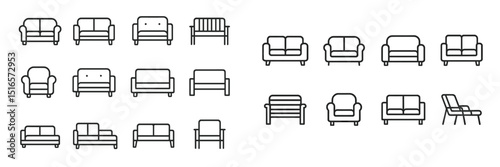 Various styles of couches and chairs displayed in a minimalist design showcasing furniture options for different interior themes