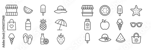 Summer themed icons featuring fruits, snacks, and beach accessories for warm weather fun