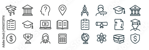 Educational symbols and icons representing various academic activities and institutions in a minimalistic design