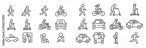 Various transportation icons illustrating different modes of travel and movement in a modern city environment