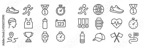 Collection of sports icons representing running, awards, and fitness activities during competitions