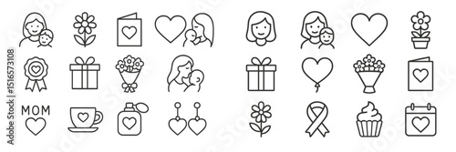 Various heartwarming icons and symbols celebrating motherhood and appreciation for moms captured in a minimalistic design style