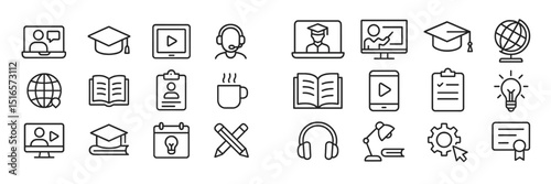 Educational icons representing various learning and training activities in a digital format on a white background