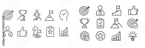 Icons representing achievement, goals, and success in various activities for personal and professional development
