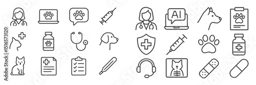 Various veterinary symbols representing pet care and health services for animals in a modern veterinary clinic environment