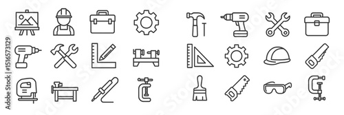 Collection of construction and workshop tools and symbols used in various trades and craftsmanship