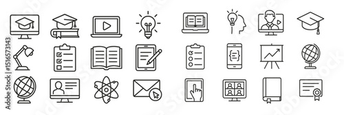 Educational icons representing various online learning and teaching activities in a modern digital classroom setup