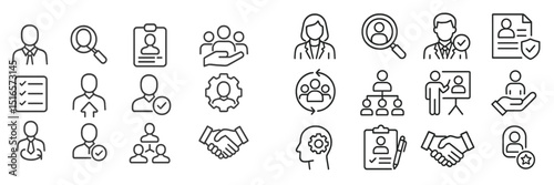 Business teamwork and collaboration icons representing various professional activities and interactions in a corporate environment