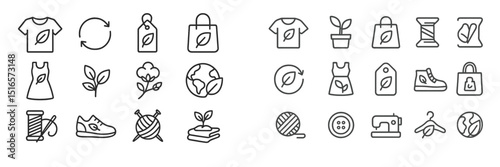 Collection of eco-friendly design icons showcasing sustainable fashion and plant-based materials in a simple, clean layout