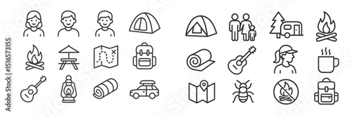 Camping icons collection showcasing outdoor activities, gear, and family fun in nature