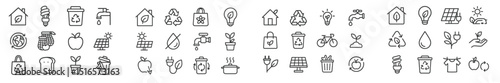 Collection of eco-friendly icons representing sustainability, gardening, and renewable energy initiatives