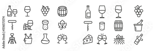 Illustrations of wine-related objects and activities in a simple, modern style suitable for menus or educational materials