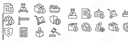 Icons representing logistics, trade, and customs activities in an organized layout suitable for educational materials and presentations