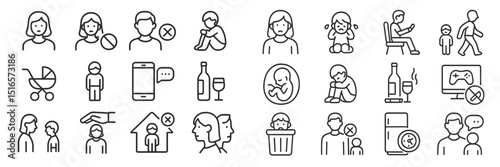 Icons depicting various human emotions, actions, and scenarios in a linear design suitable for diverse applications