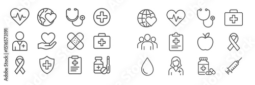 Health and wellness icons representing medical care, public health, and community support initiatives