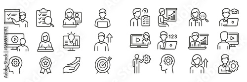 Various icons representing business, learning, and productivity activities in a modern workspace